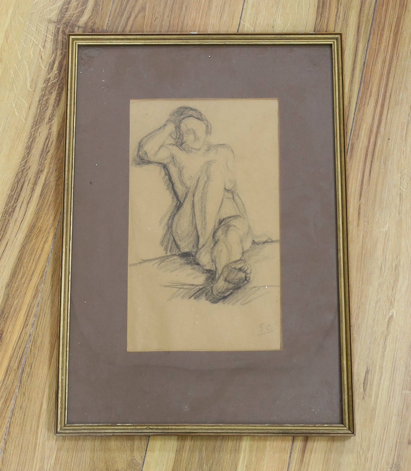 Eugene Carriere (1849-1906), charcoal drawing, Sketch of a seated nude woman, initialled, 30 x 17.5cm